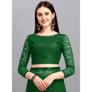 Women's Net Self Design Saree with Blouse – Green