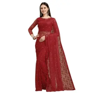 Women's Net Self Design Saree with Blouse – Maroon