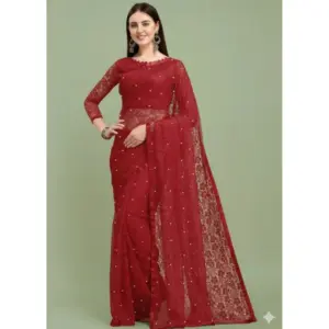 Women's Net Self Design Saree with Blouse – Maroon