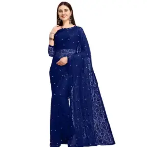 Women's Net Self Design Saree with Blouse – Navy Blue