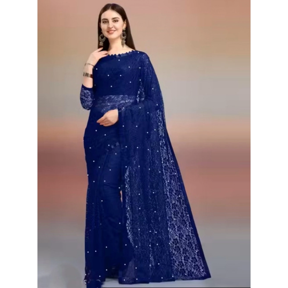 Women's Net Self Design Saree with Blouse – Navy Blue