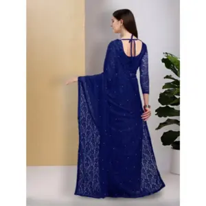 Women's Net Self Design Saree with Blouse – Navy Blue
