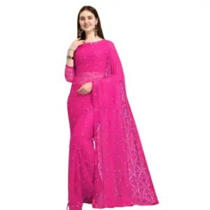 Women's Net Self Design Saree with Blouse – Rani Pink