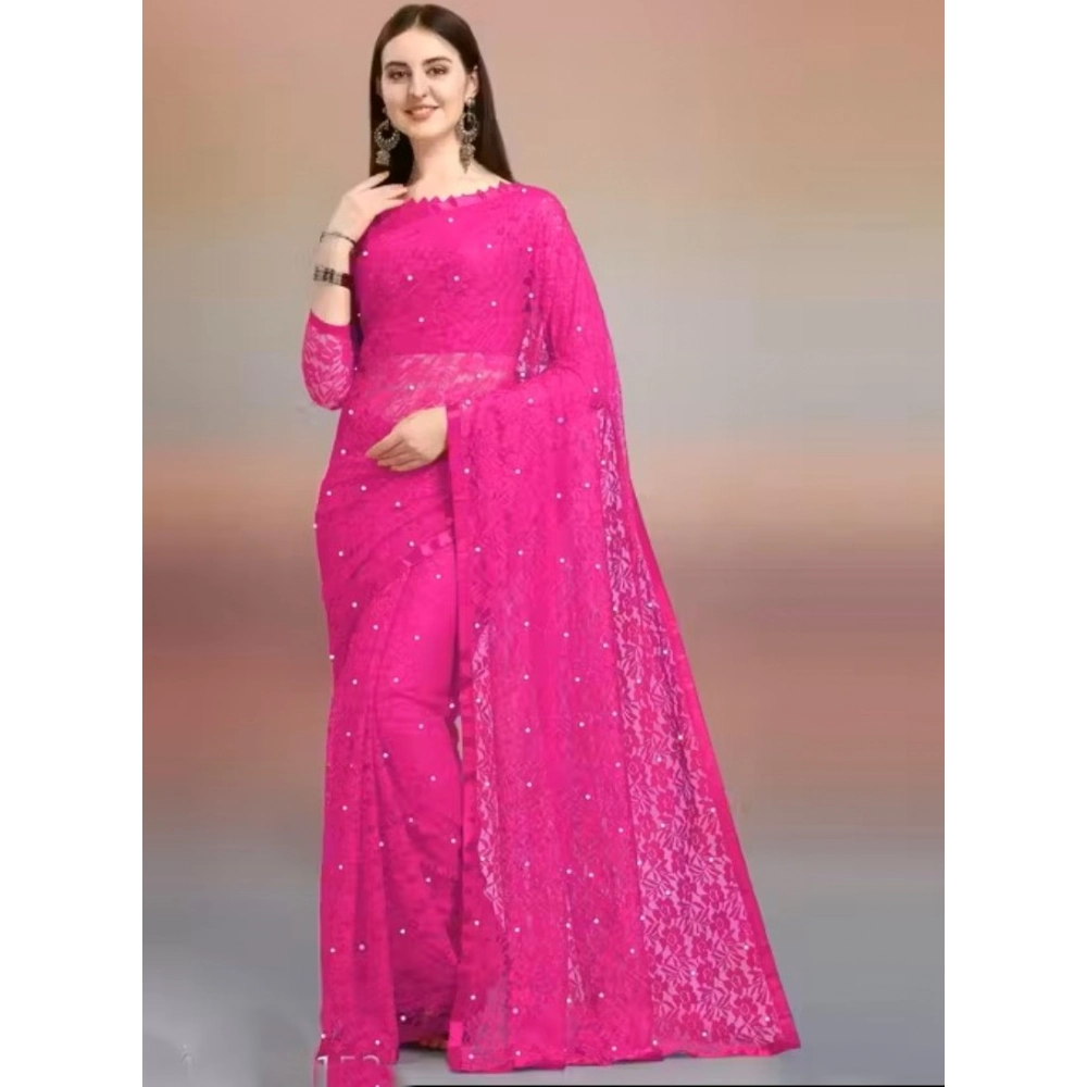 Women's Net Self Design Saree with Blouse – Rani Pink