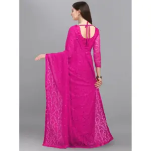 Women's Net Self Design Saree with Blouse – Rani Pink