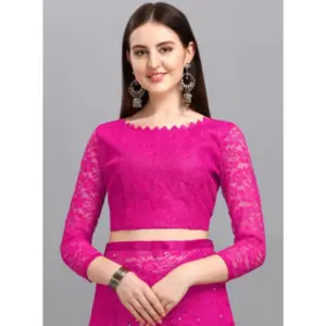 Women's Net Self Design Saree with Blouse – Rani Pink