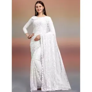 Women's Net Self Design Saree with Blouse – White