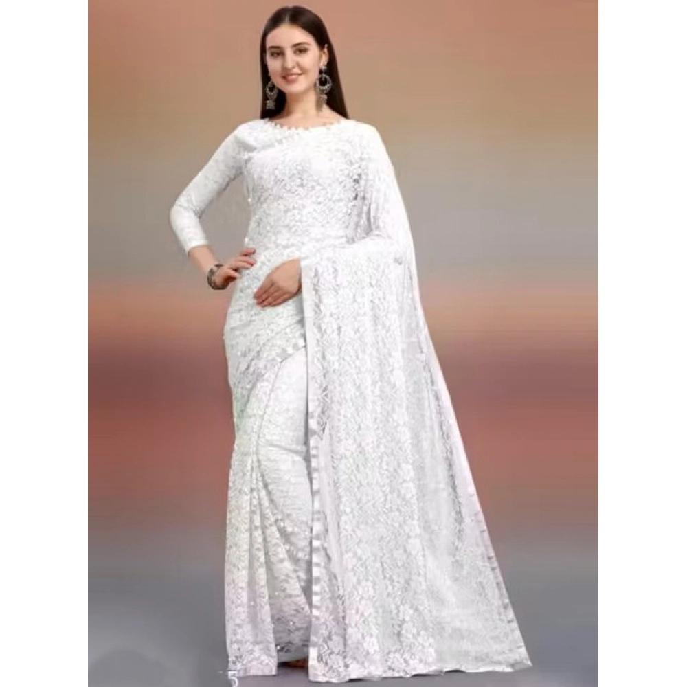 Women's Net Self Design Saree with Blouse – White