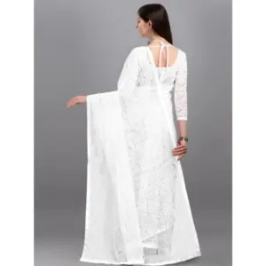 Women's Net Self Design Saree with Blouse – White
