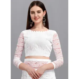 Women's Net Self Design Saree with Blouse – White