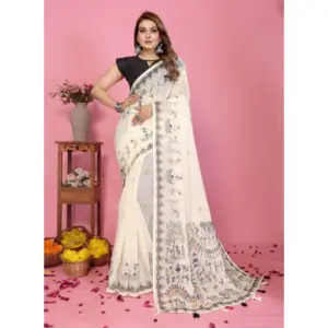 Women's Linen Cotton Printed Saree – Off White
