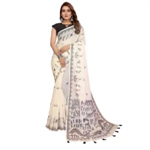 Women's Linen Cotton Printed Saree – Off White