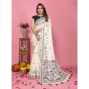 Women's Linen Cotton Printed Saree – Off White