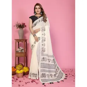 Women's Linen Cotton Printed Saree – Off White