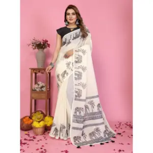 Women's Linen Cotton Printed Saree – Off White