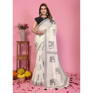 Women's Linen Cotton Printed Saree – Off White