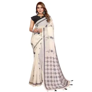 Women's Linen Cotton Printed Saree – Off White
