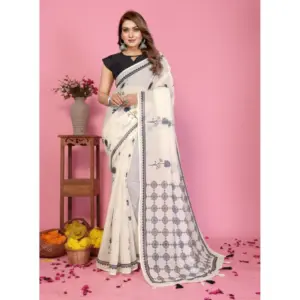Women's Linen Cotton Printed Saree – Off White