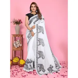 Women's Linen Cotton Printed Saree – White