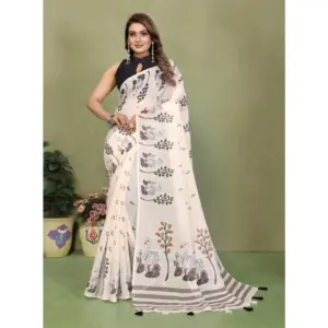 Women's Linen Cotton Printed Saree – Off White