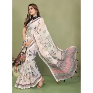 Women's Linen Cotton Printed Saree – Off White