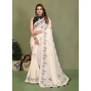 Women's Linen Cotton Printed Saree – Off White
