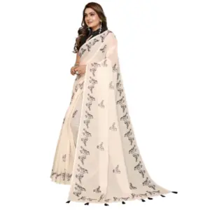 Women's Linen Cotton Printed Saree – Off White