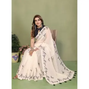 Women's Linen Cotton Printed Saree – Off White