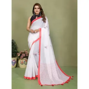 Women's Linen Cotton Printed Saree – White