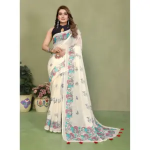 Women's Linen Cotton Printed Saree – Off White
