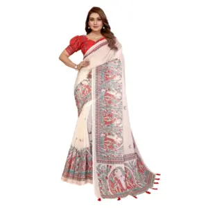 Women's Linen Cotton Printed Saree – Off White