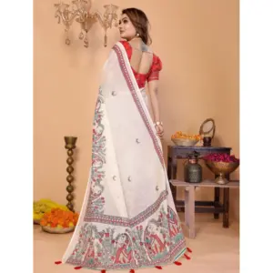 Women's Linen Cotton Printed Saree – Off White
