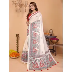 Women's Linen Cotton Printed Saree – Off White