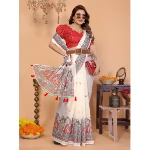 Women's Linen Cotton Printed Saree – Off White