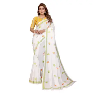 Women's Linen Cotton Printed Saree – White
