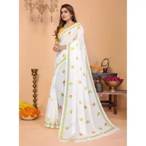 Women's Linen Cotton Printed Saree – White