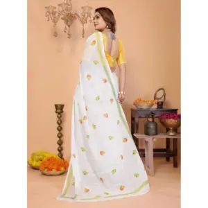 Women's Linen Cotton Printed Saree – White
