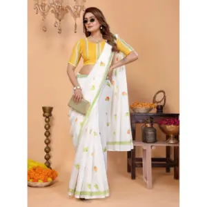 Women's Linen Cotton Printed Saree – White