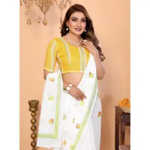 Women's Linen Cotton Printed Saree – White