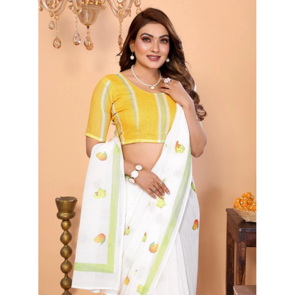 Women's Linen Cotton Printed Saree – White