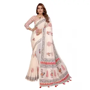Women's Linen Cotton Printed Saree – Off White