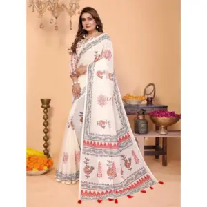Women's Linen Cotton Printed Saree – Off White