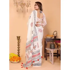 Women's Linen Cotton Printed Saree – Off White
