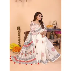 Women's Linen Cotton Printed Saree – Off White