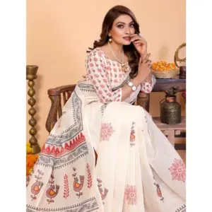 Women's Linen Cotton Printed Saree – Off White