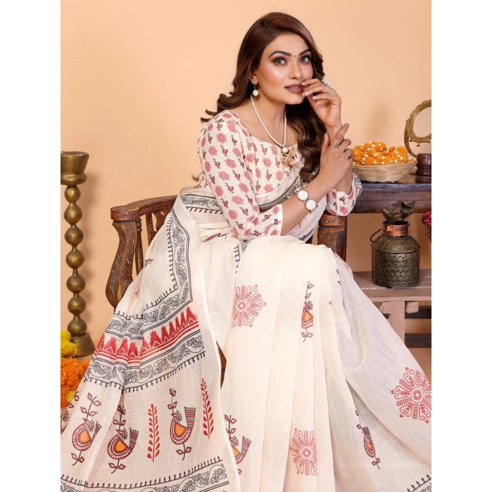 Women's Linen Cotton Printed Saree – Off White