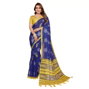 Women's Linen Cotton Printed Saree – Blue