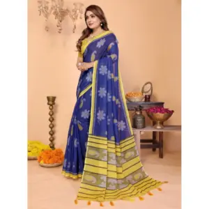 Women's Linen Cotton Printed Saree – Blue
