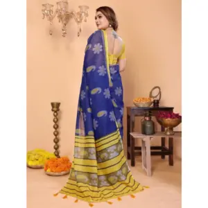 Women's Linen Cotton Printed Saree – Blue