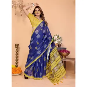 Women's Linen Cotton Printed Saree – Blue